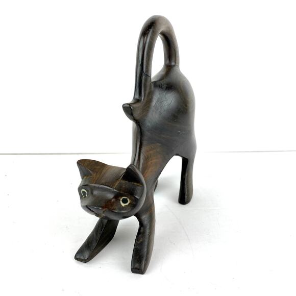Hand Carved Dark Hardwood Cat Figurine Folk Art - Picture 2 of 9